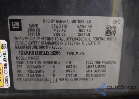 2013 GMC Acadia Sle-1 from USA, damaged, VIN 1GKKRNED8DJ208266